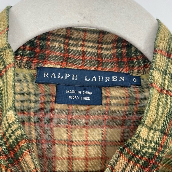 Ralph Lauren 100% Linen plaid long sleeve roll cuff button up shirt top Sz 8 - Picture 2 of 8